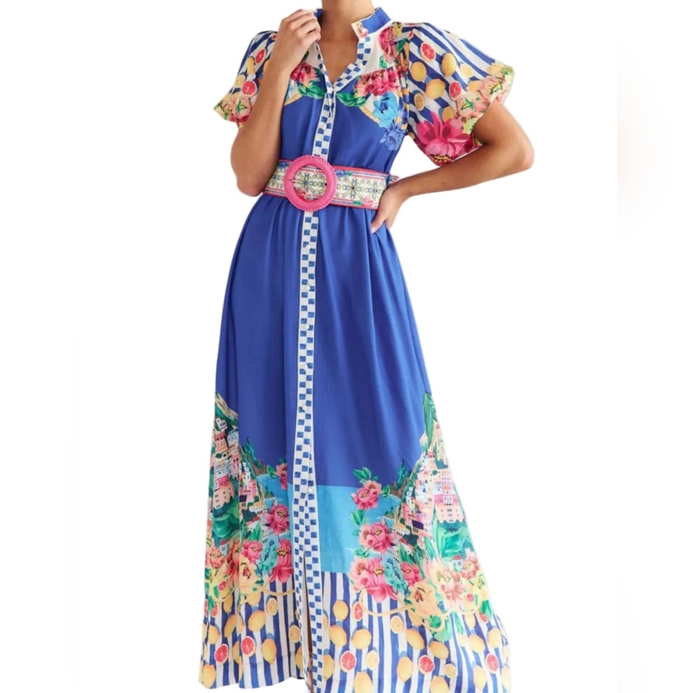 Garden Floral Button-Up Mock Neck Puff Sleeve Wide Belt Slit Front Maxi Dress - Picture 10 of 16